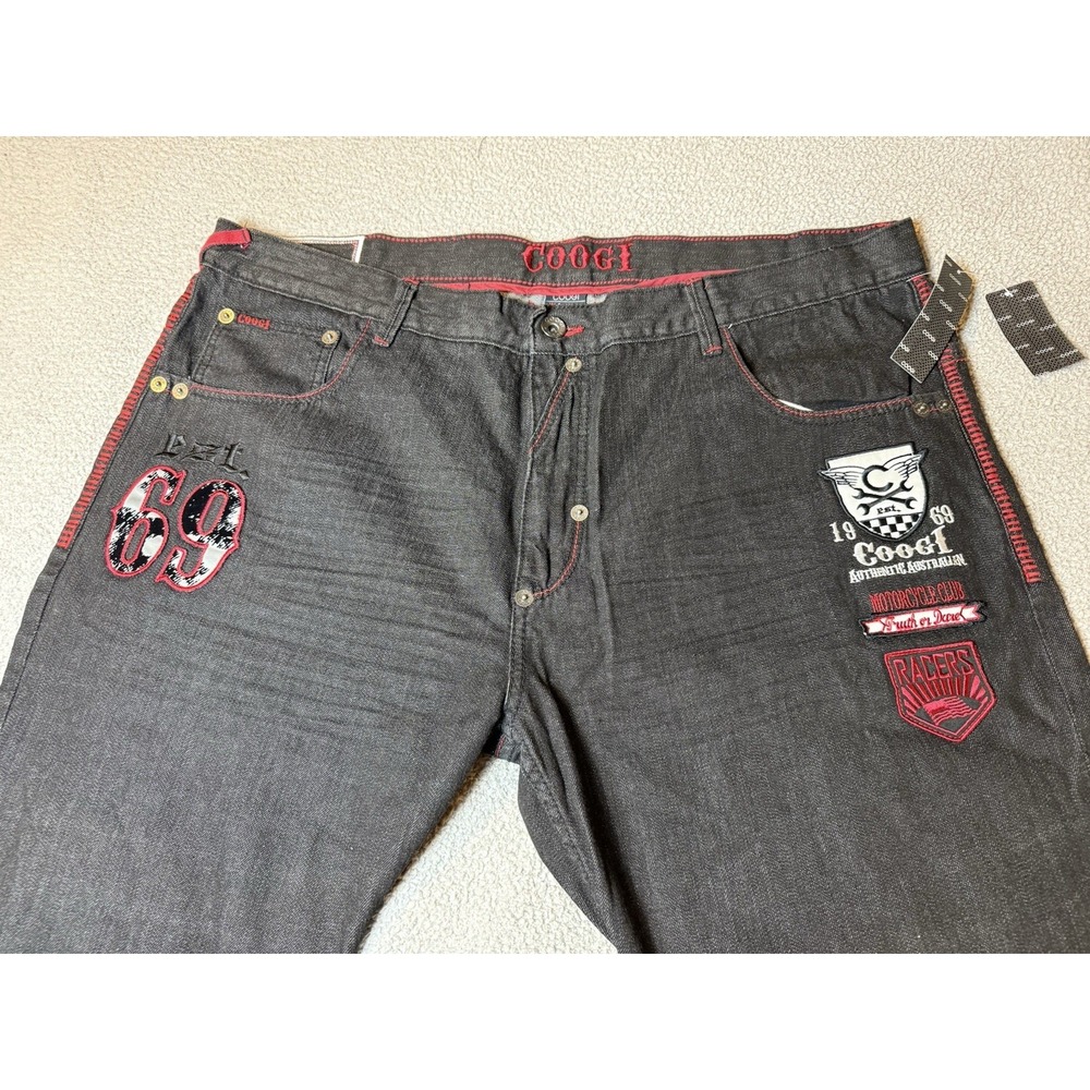 VTG COOGI Black Baggy Jeans Embroidered Patches Hip-Hop Men Size 44/35 NWT Y2K
